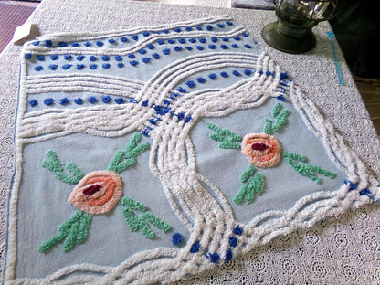 Coastal Cottage Vintage Chenille Fabric, Blue Rose Floral Sewing & Quilt Material 21" x 23"