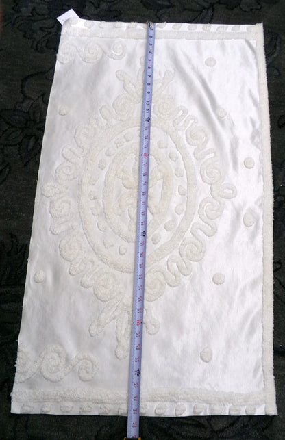 Romantic White Vintage Satin Chenille Bedspread Fabric, Shabby Large Medallion 38x20"