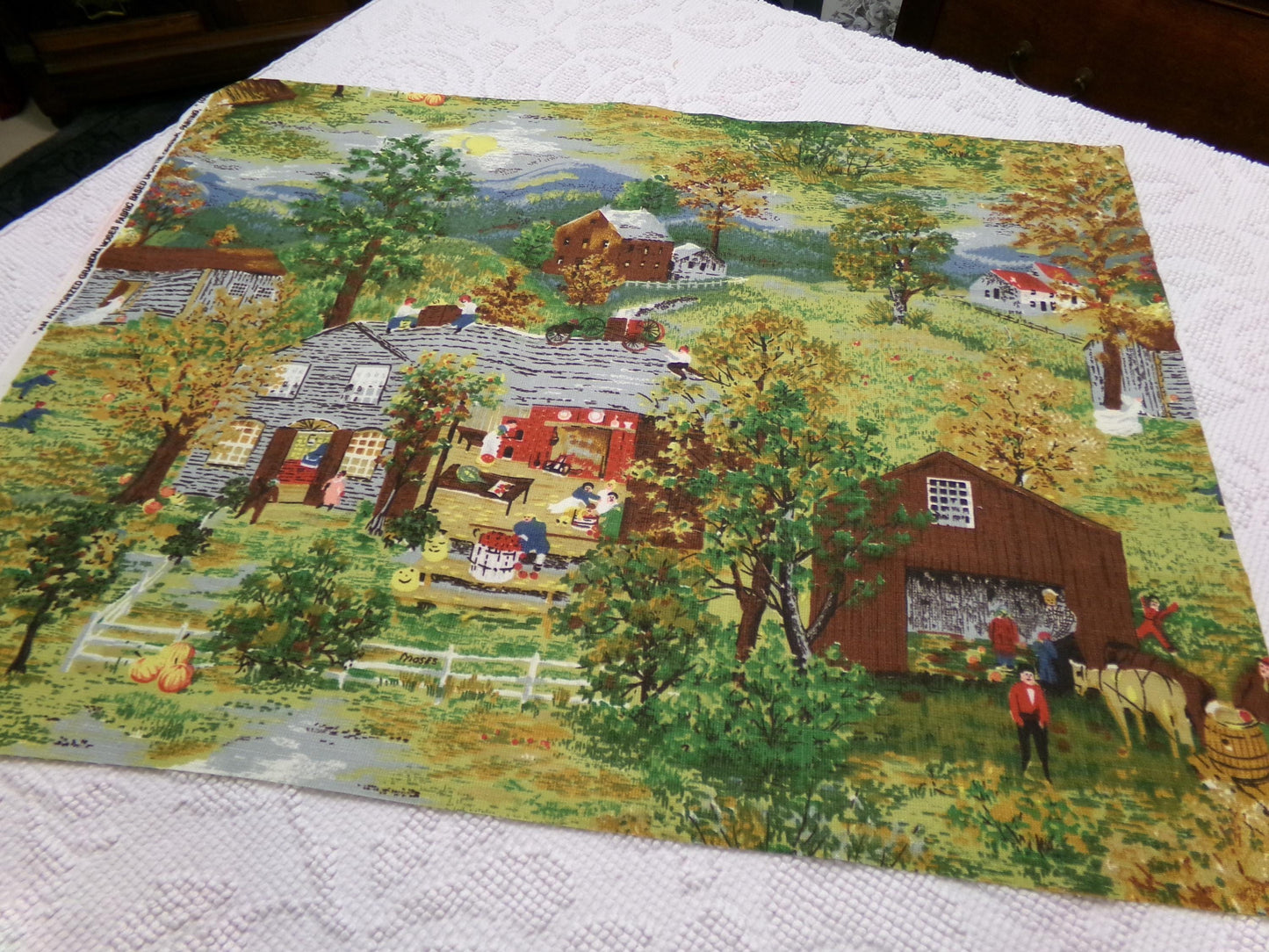 Grandma Moses HALLOWEEN Vintage Barkcloth Fabric, Midcentury Rustic Spooky Scene, 17" x 23"