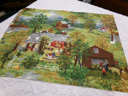 Grandma Moses HALLOWEEN Vintage Barkcloth Fabric, Midcentury Rustic Spooky Scene, 17" x 23"