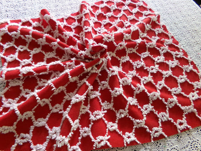 Red & White Vintage Chenille Bedspread Fabric, 17.5x23" Chain Link Design