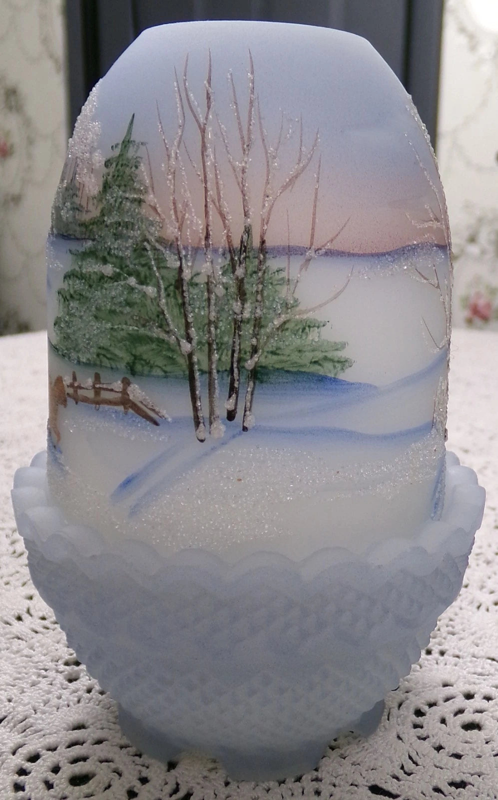 Vintage Fenton Fairy Lamp Country Horse Snow Handpainted Fredrick 1990 #477