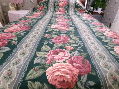 Vintage Rose Curtain Drapery Panel, Deep Green Lined SINGLE Window Drape 82"L