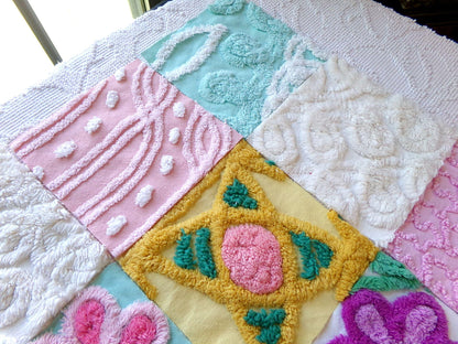 funky flowers 6" chenille squares, colorful mixed set of 16 quilt blocks rotary cut from vintage chenille bedspread fabrics