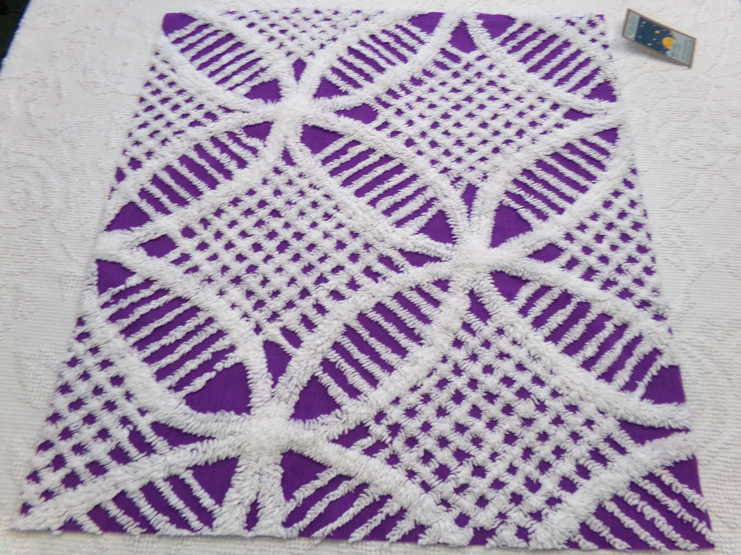 Vintage Chenille Fabric, 21" x 20" inch Piece, Snow White Geometric Design on Grape Purple