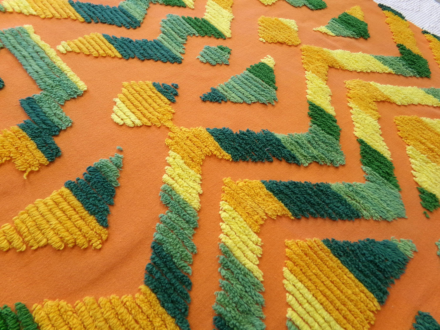 ethnic boho Southwestern vintage chenille fabric, vivid Aztec design, 20" x 24" piece of orange cotton sewing material for pillows, quilts