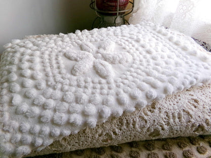 sweet stars 3D vintage chenille fabric, 100% cotton antique white sewing material for pillows, handmade chenille quilts, 28" x 18" cut piece