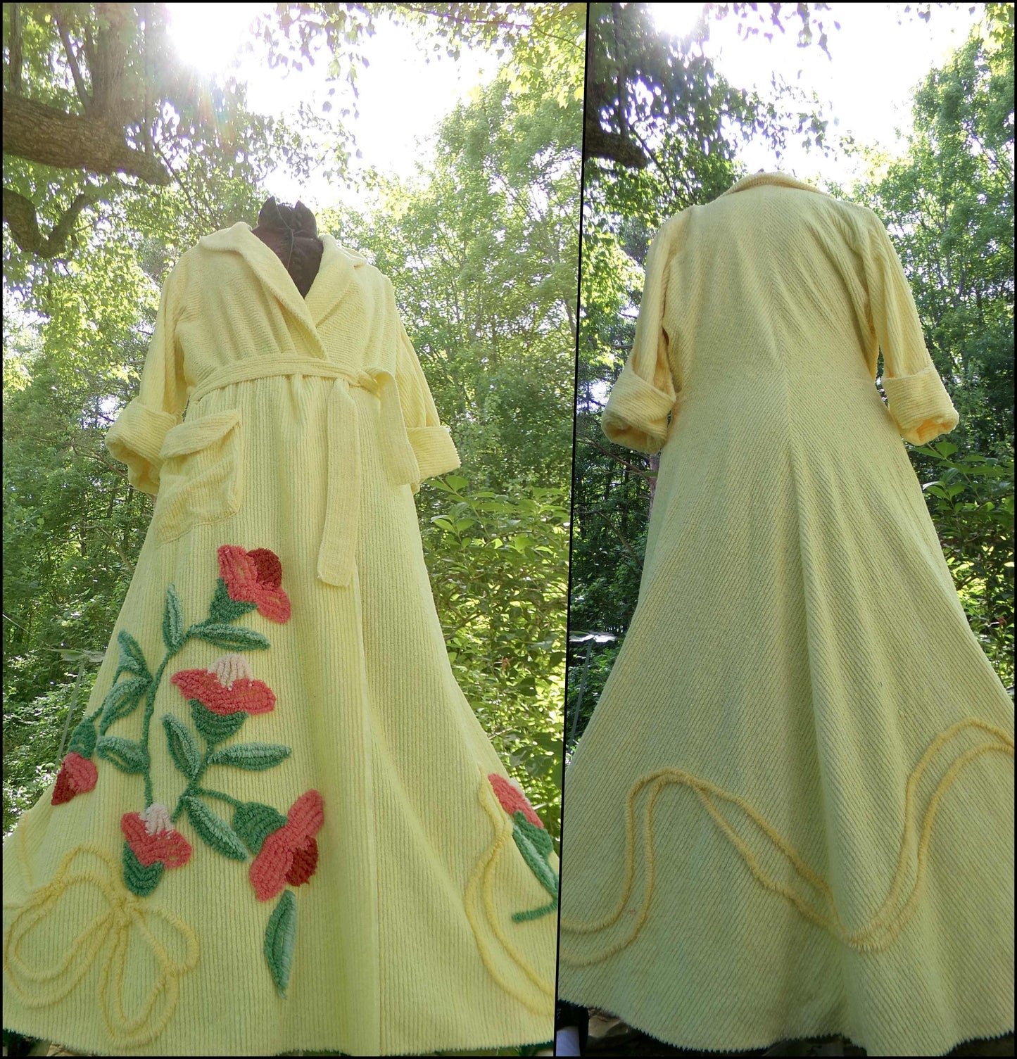 gorgeous vintage chenille robe, ladies floral tufted bathrobe in sunglow yellow, fit 'n flare, half sleeves, est size medium