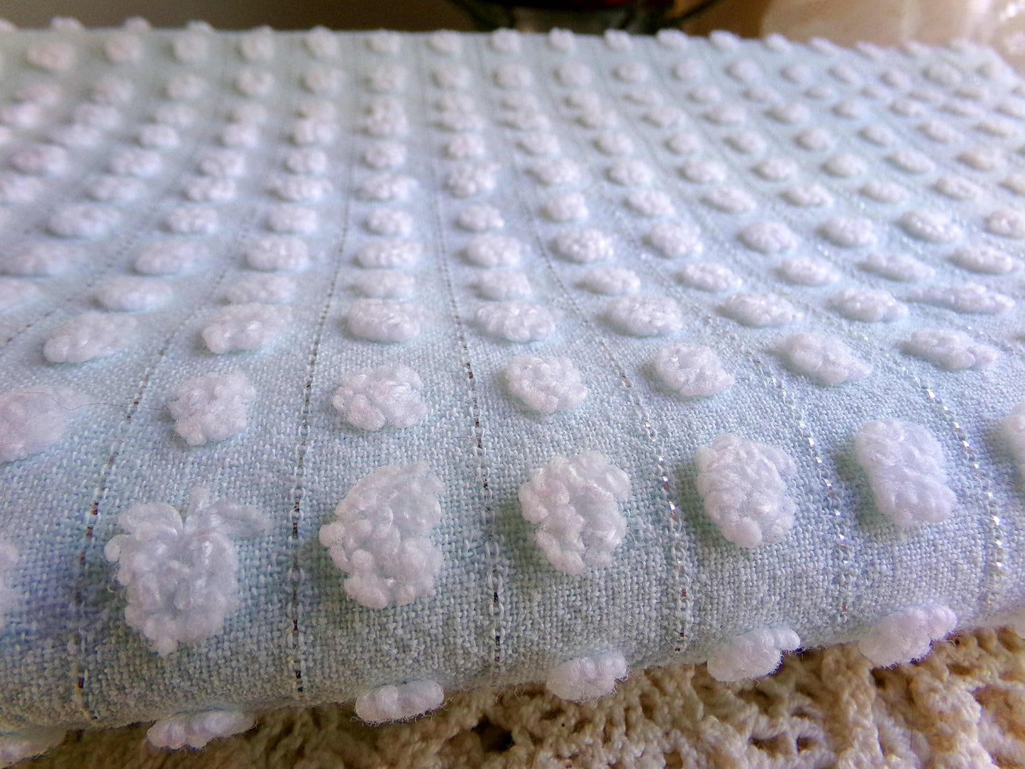 vintage chenille bedspread fabric cool aqua white pops silver lurex 18x24"