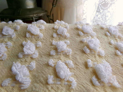 Buttercup Yellow White Rosebud Vintage Chenille Fabric, Cottage Style Tufted Roses, 12" x 24" inch Piece