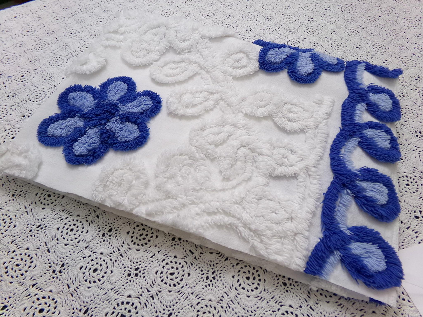 Vintage Chenille Bedspread Fabric, Plush Blue Flowers White Curlicues, 20x26" Piece