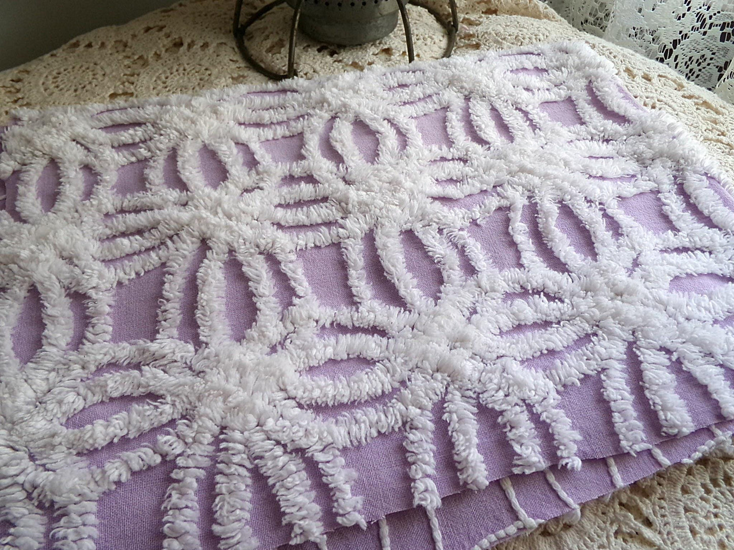Vintage Lilac Chenille Fabric, White Spider Tufted Pattern, 18" x 24" Piece