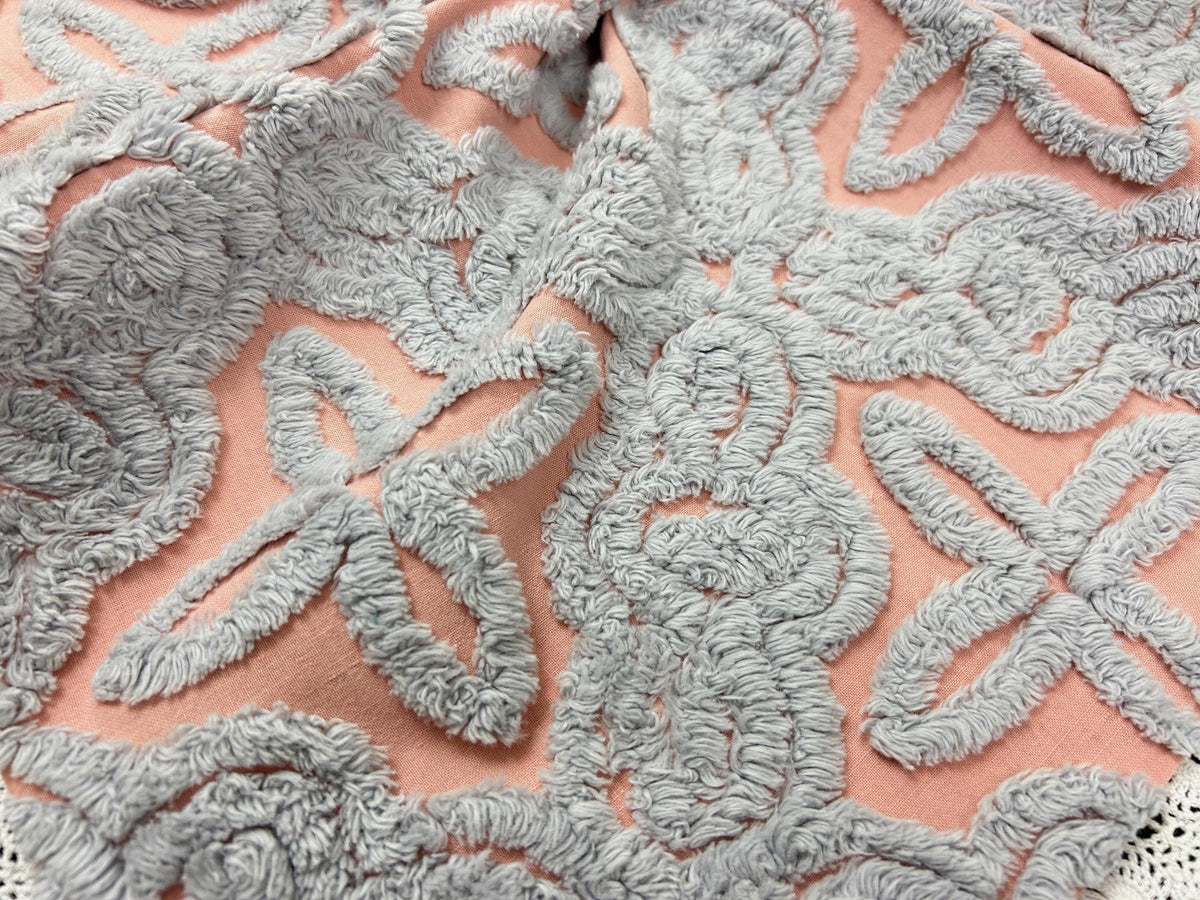 Starry Blue Pink Vintage Chenille Fabric, Plush Celestial Design 20x24" Pc