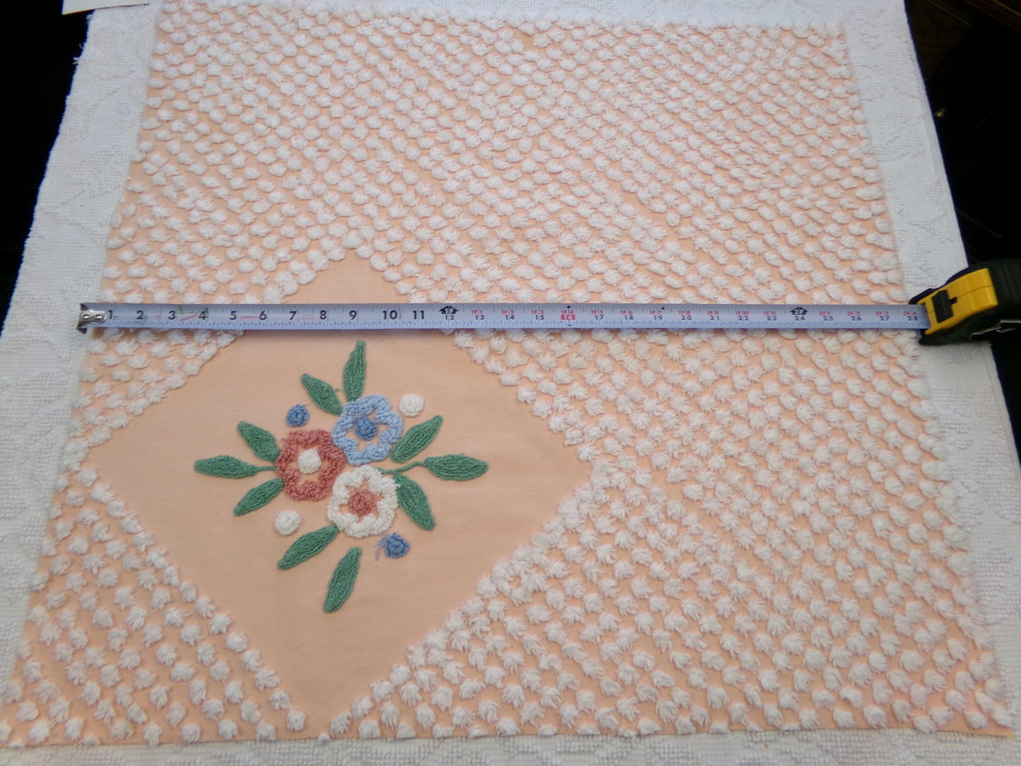 Vintage Peach Chenille Fabric Floral White Puff Tufts, Quilting Crafts Cottage Chic Bedspread Material Upcycle Sewing Supply, 26" x 27"
