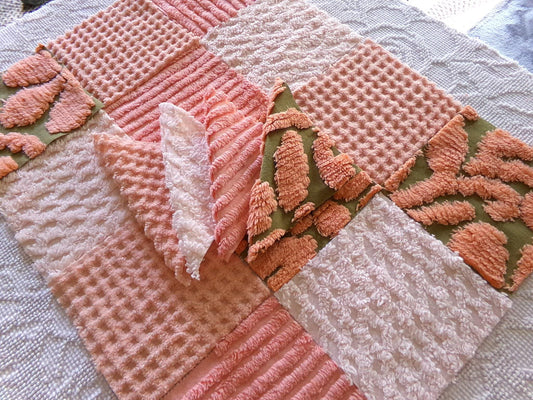 peach vintage chenille fabric squares, great colors, set of 16 retro 6" quilt blocks for patchwork pillows, quilting, crafts