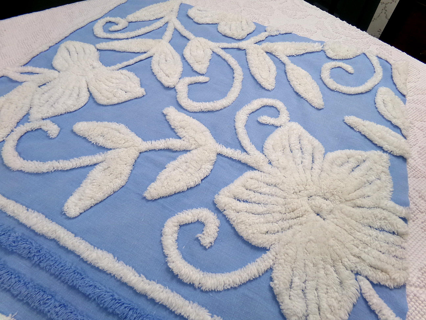 botanical blue vintage chenille fabric, super plush white florals, 21" x 23" piece sewing material