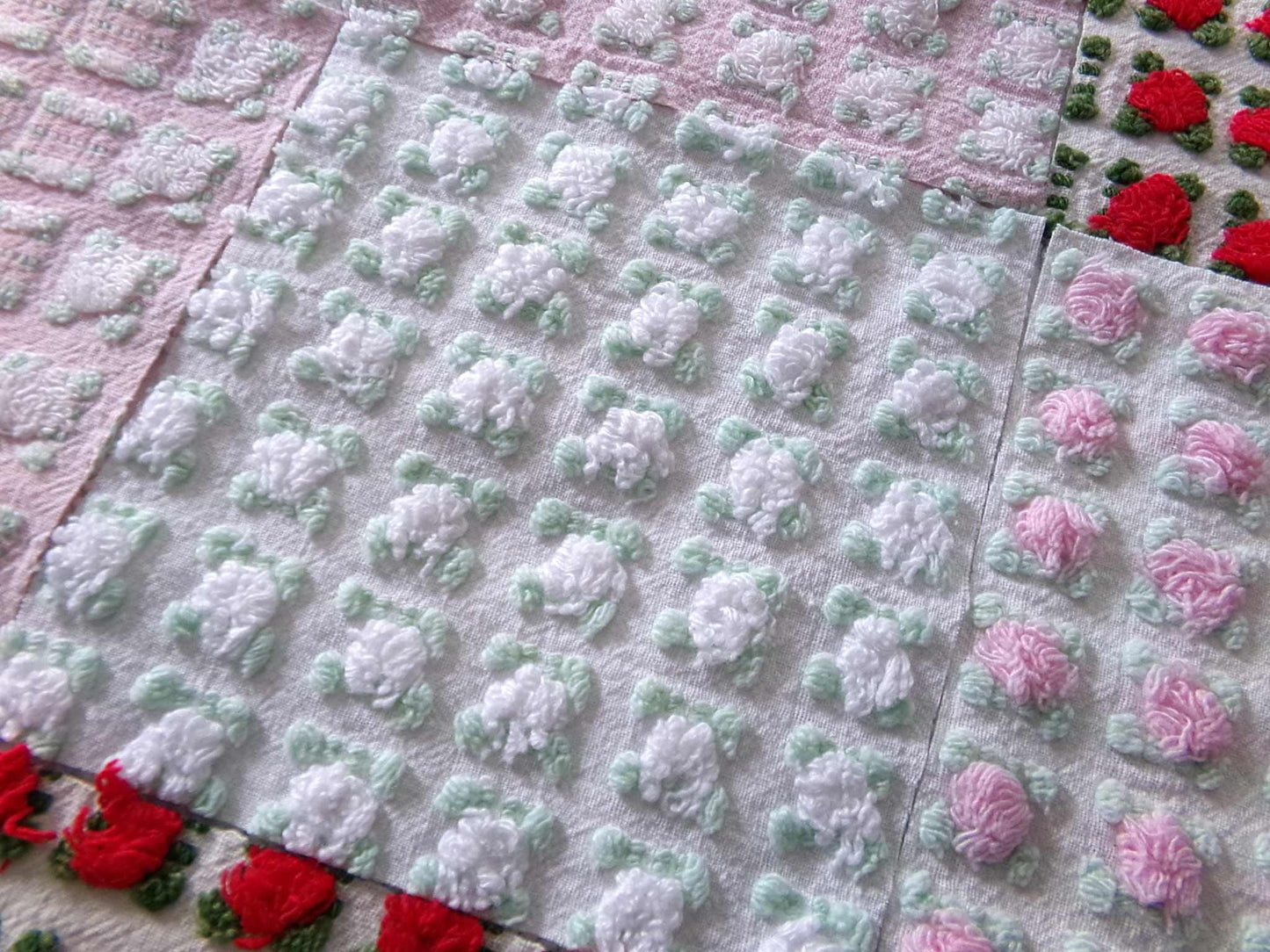 romantic rosebuds vintage chenille fabric squares, gorgeous medley of pink, red, white roses, set of 16 quilt blocks, 6" x 6" inch