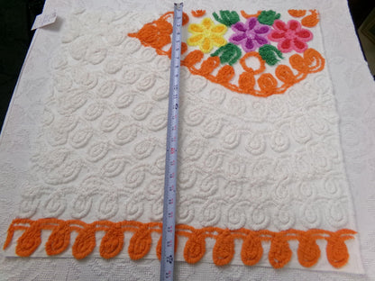 orange & white vintage chenille bedspread fabric, abstract swirl floral design, 25" x 23"