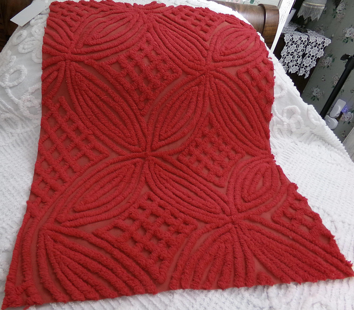 Vintage Chenille Bedspread Fabric Cherry Red Craft & Sewing Material 18" x 25"