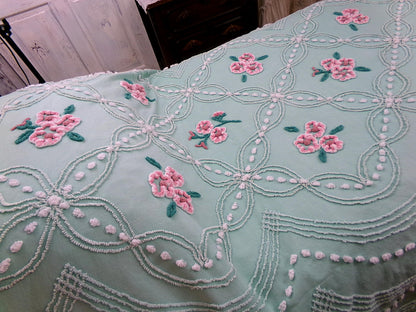 jade green pink rose vintage chenille bedspread, beautiful twin size shabby chic style bedding, great as a summer cottage coverlet