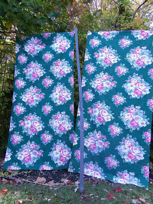 Ralph Lauren Hayley Floral Drapes Window Curtains, Pair of Vintage Green Panels