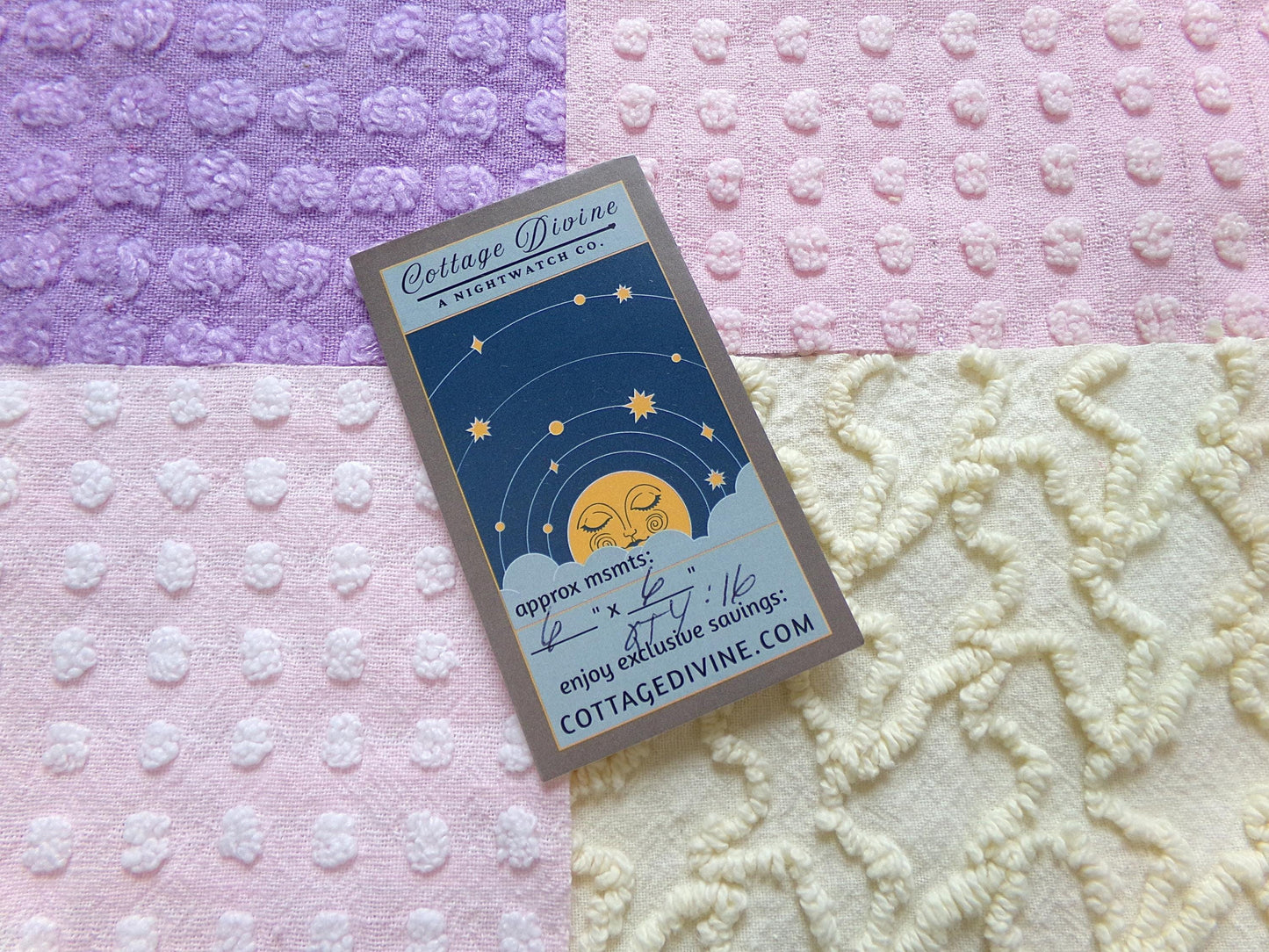 fairy magic 6" vintage chenille fabric squares, set of 16 pink, yellow & lavender quilt blocks for quilting, sewing, crafts