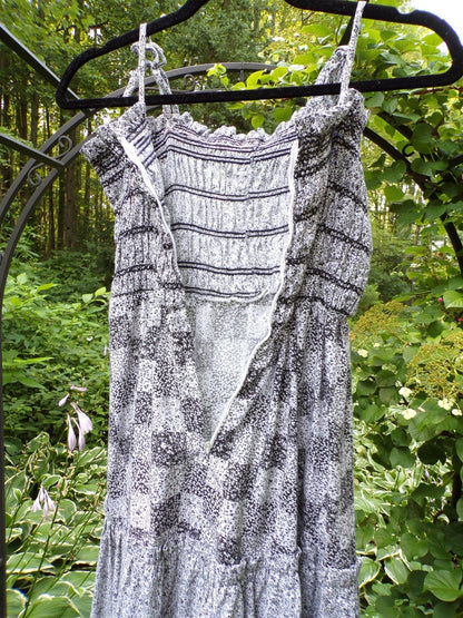 Vintage Prairie Dress Black White Maxi 1970s Sundress Micro Butterfly S