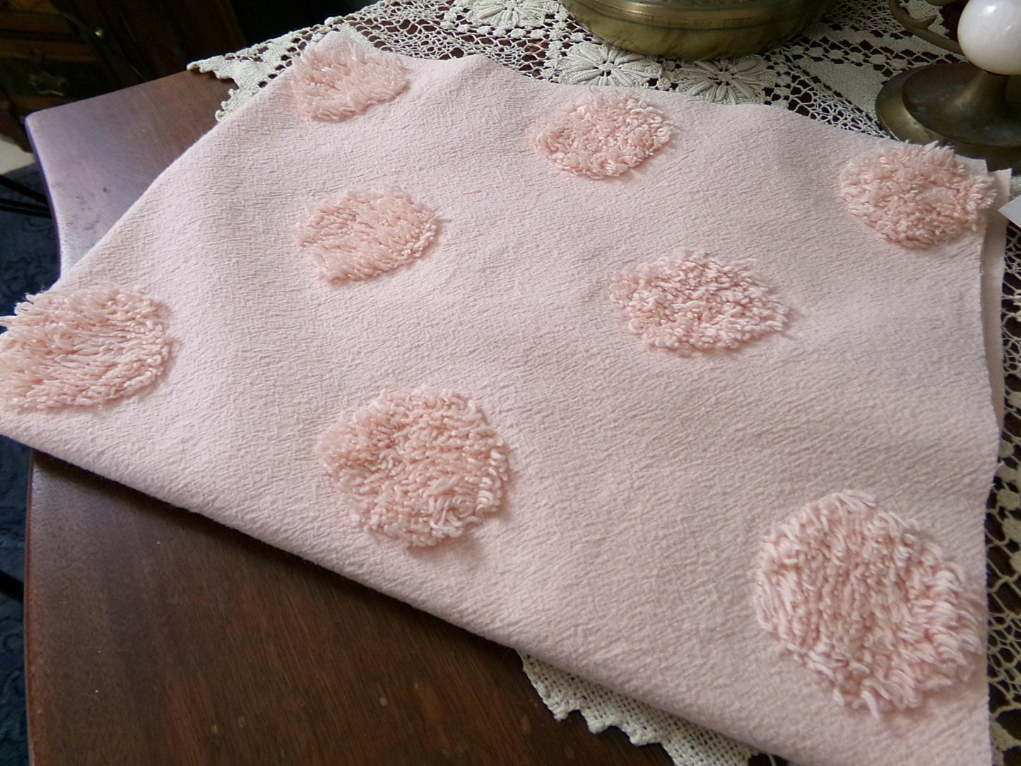 blush pink vintage style chenille fabric, large dot quilt sewing material, 18" x 24" piece