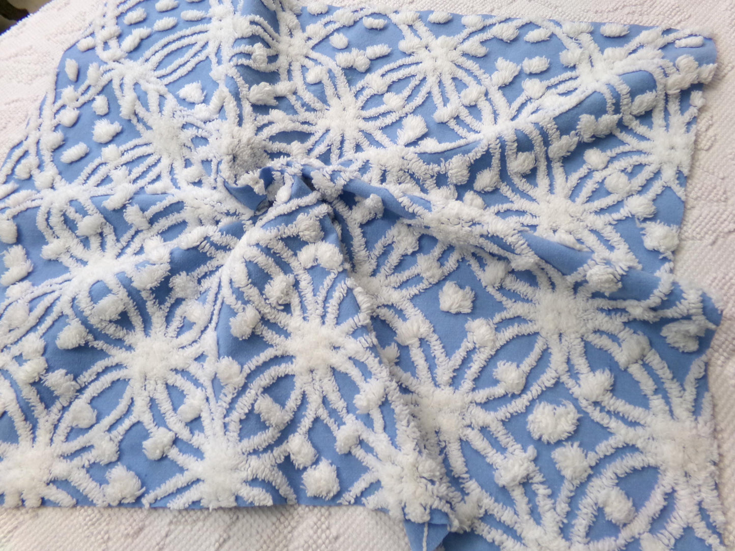 Blue & White Vintage Chenille Fabric Dimensional Snowflake Dots Quilting Craft Supply, 20" x 24"