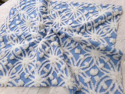 Blue & White Vintage Chenille Fabric Dimensional Snowflake Dots Quilting Craft Supply, 20" x 24"