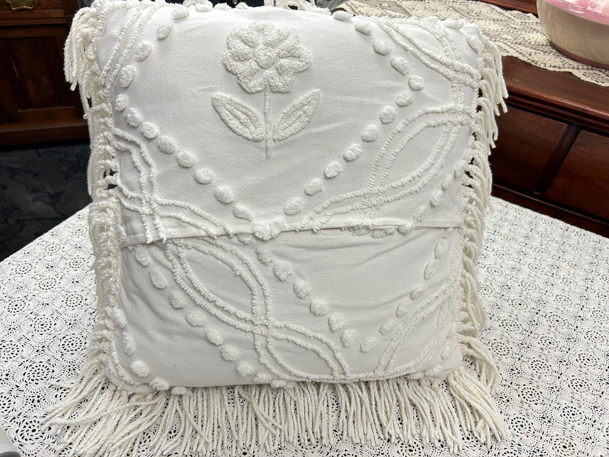 Vintage Floral Chenille Pillow Cover, Shabby Chic Reversible 16" Square Design