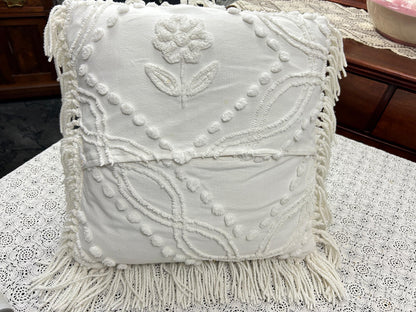 Vintage Floral Chenille Pillow Cover, Shabby Chic Reversible 16" Square Design