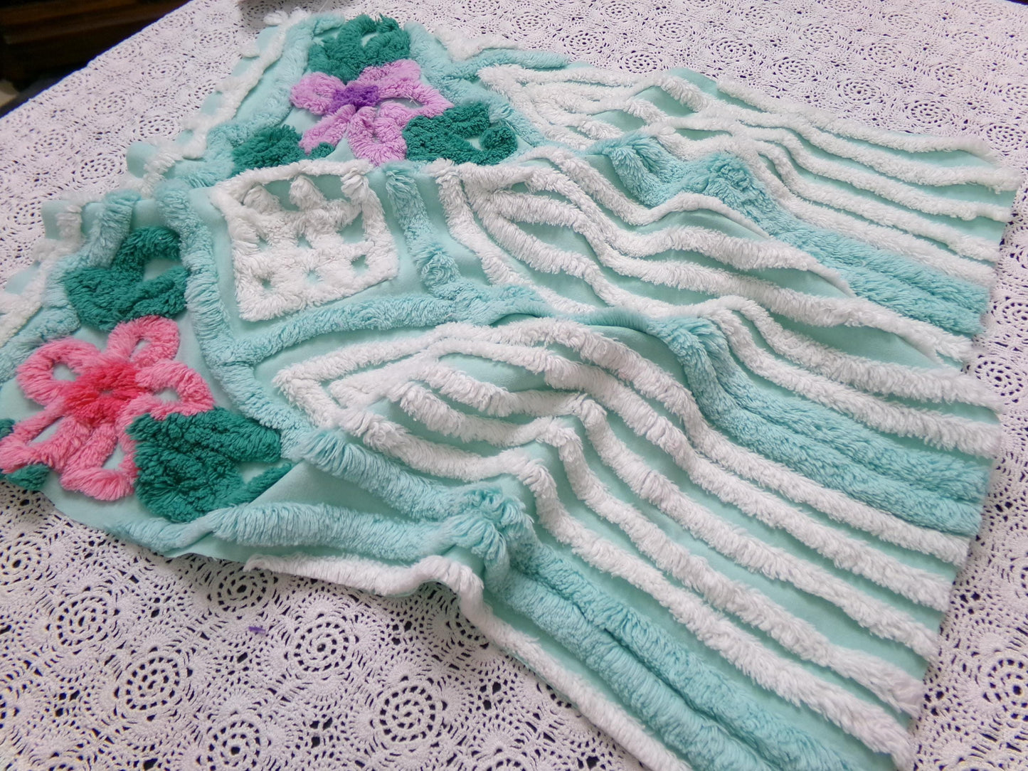 Breezy Fresh Aqua Vintage Chenille Fabric Cathedral Stripe Floral 16x20" Shabby Chic