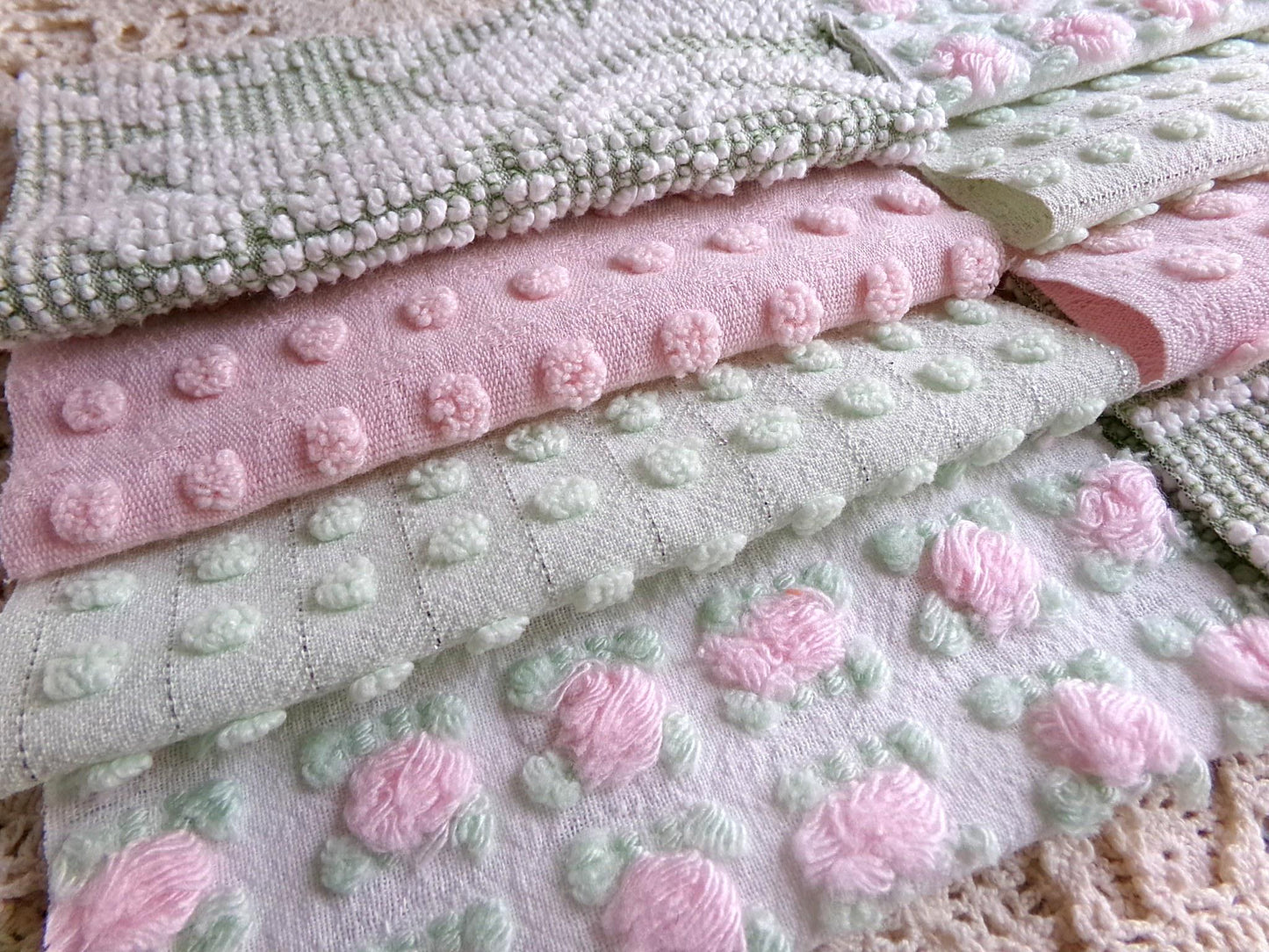 blossom & botanical vintage chenille fabric squares, rotary cut set of 16 quilt blocks 6" each in pink, green