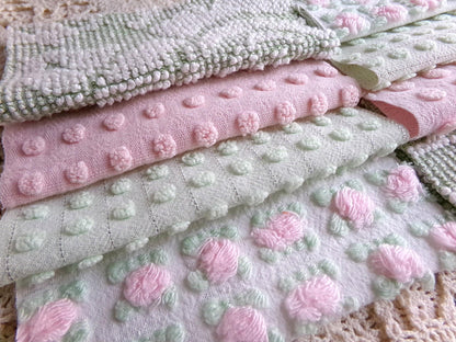 blossom & botanical vintage chenille fabric squares, rotary cut set of 16 quilt blocks 6" each in pink, green
