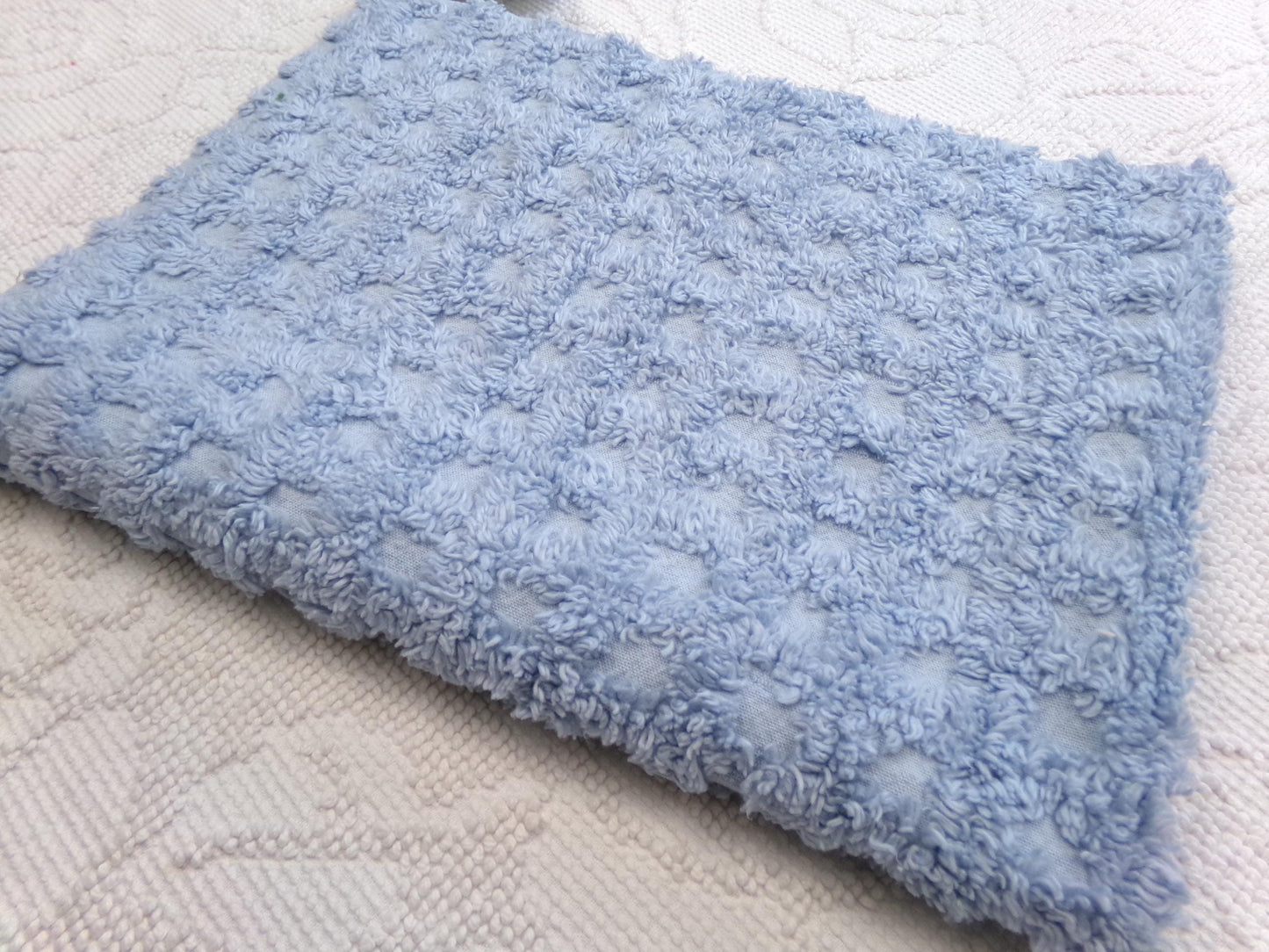 Blue Windowpane Vintage Chenille Fabric, tufted geometric square design, sewing craft quilt material, 18" x 25" piece