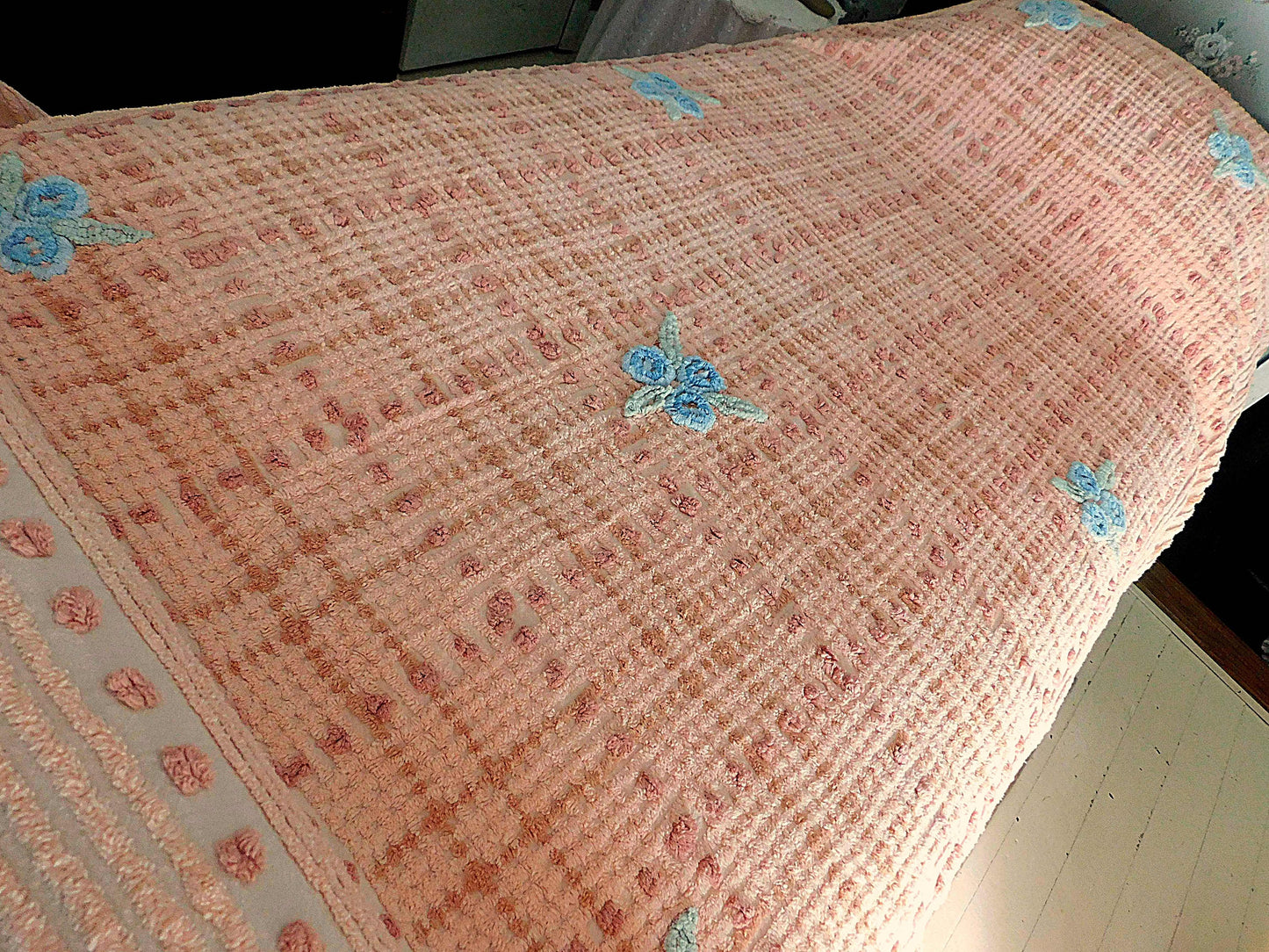cozy plush plaid vintage chenille bedspread, blue roses on peach geometric design, full size cotton bedding
