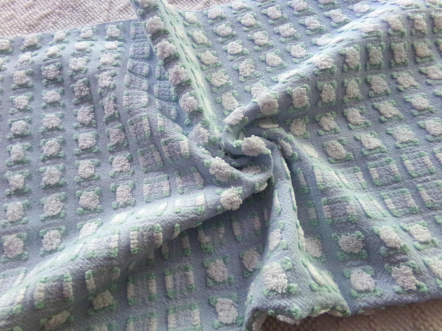 White Rosebud Vintage Chenille FABRIC, Phantom Morgan Jones Blue Terrace Roses, 24" x 18.5" inch Piece, Beautiful in Quilts