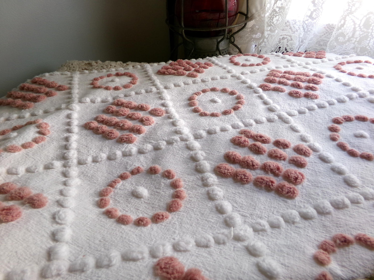 Checkerboard Circle Square Pops Chenille Fabric, 26" x 19" piece, Handmade Vintage Textile for Quilting, DIY Pillows, Fiber Arts & Crafts