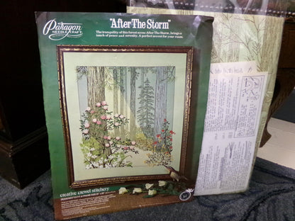 AFTER THE STORM Vintage Crewel Embroidery Kit Paragon Needlecraft #0611 ~ Hippie 70s Natural Woodland Wall Hanging, Georgia Ball Design