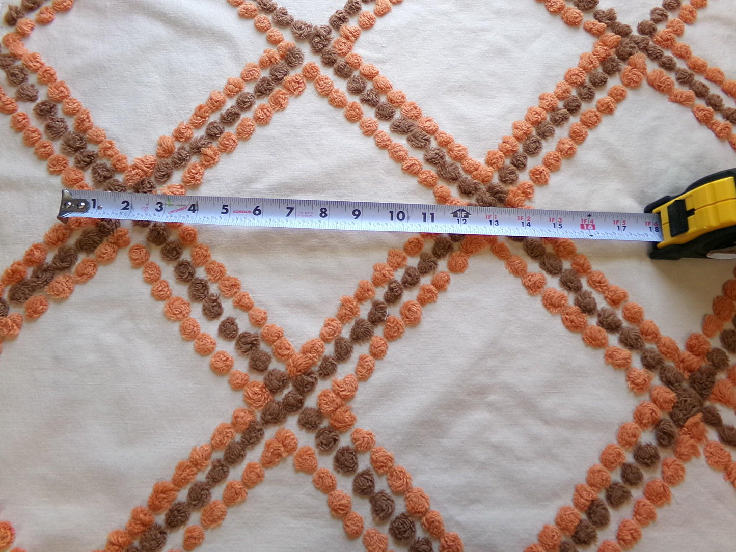 Vintage Boho Style Chenille Fabric, 27" x 24" Cut Piece of Cotton Sewing Material, Pumpkin Spice & Nutmeg Wideset Lattice Design