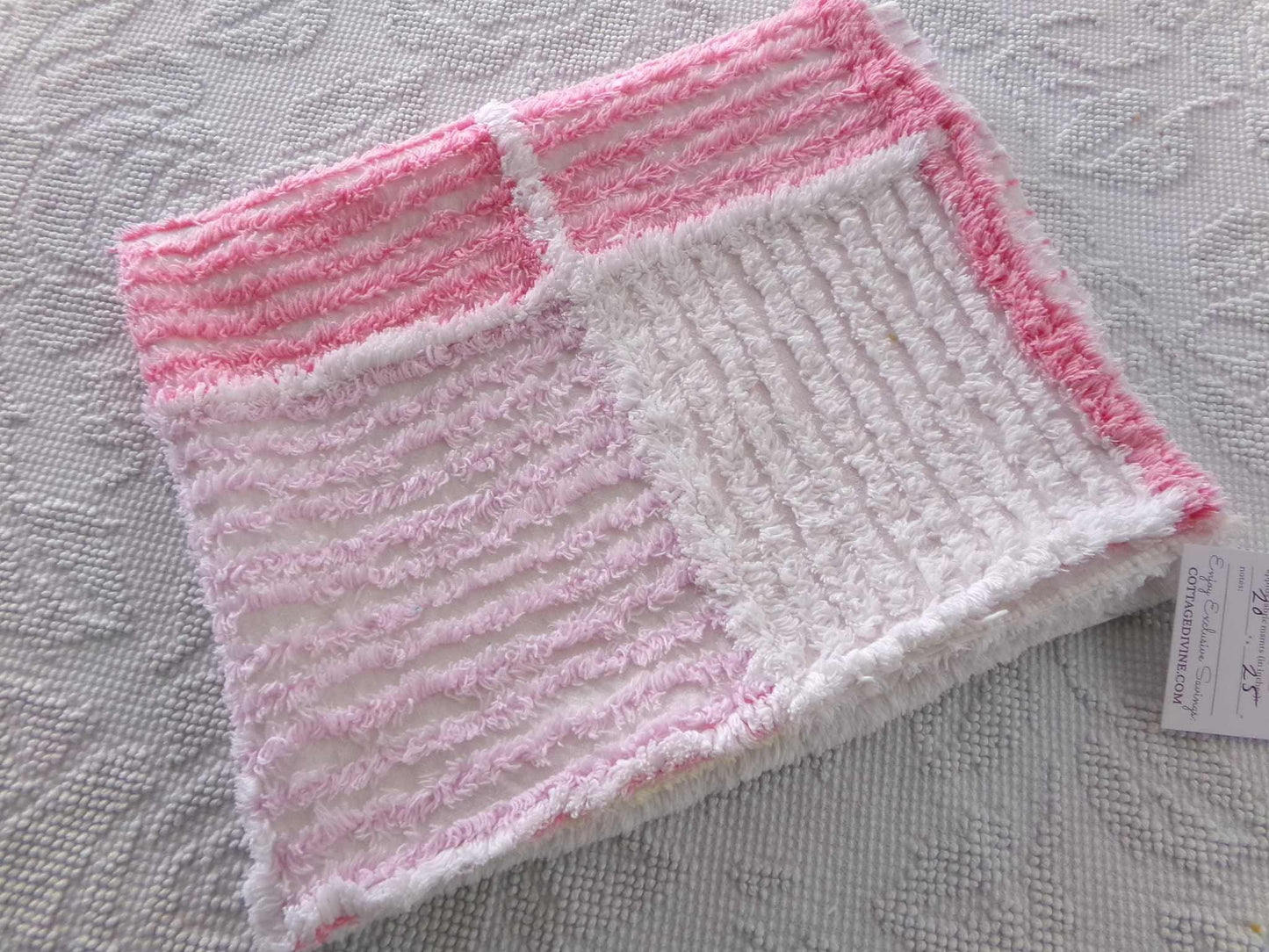 pink & white quilt style vintage chenille fabric, 25" x 20" piece of sewing material for pillows, crafts