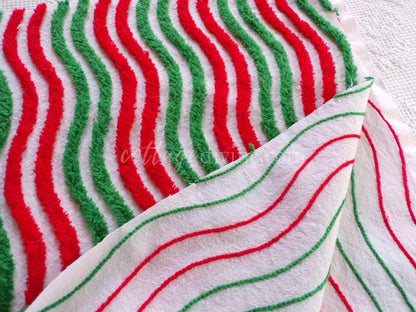 Vintage Red & Green Chenille Fabric, Christmas Ripple Stripes 15x28" Quilt Textile