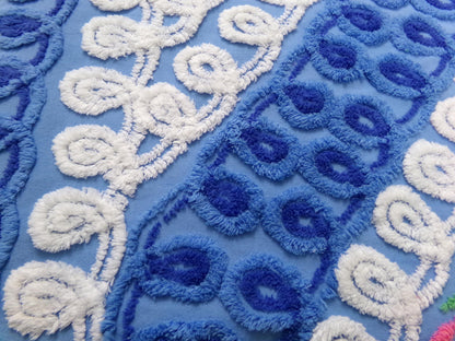 Vintage Chenille Bedspread Fabric, Boho Coastal Blue & White 16" x 23" Piece Sewing Material