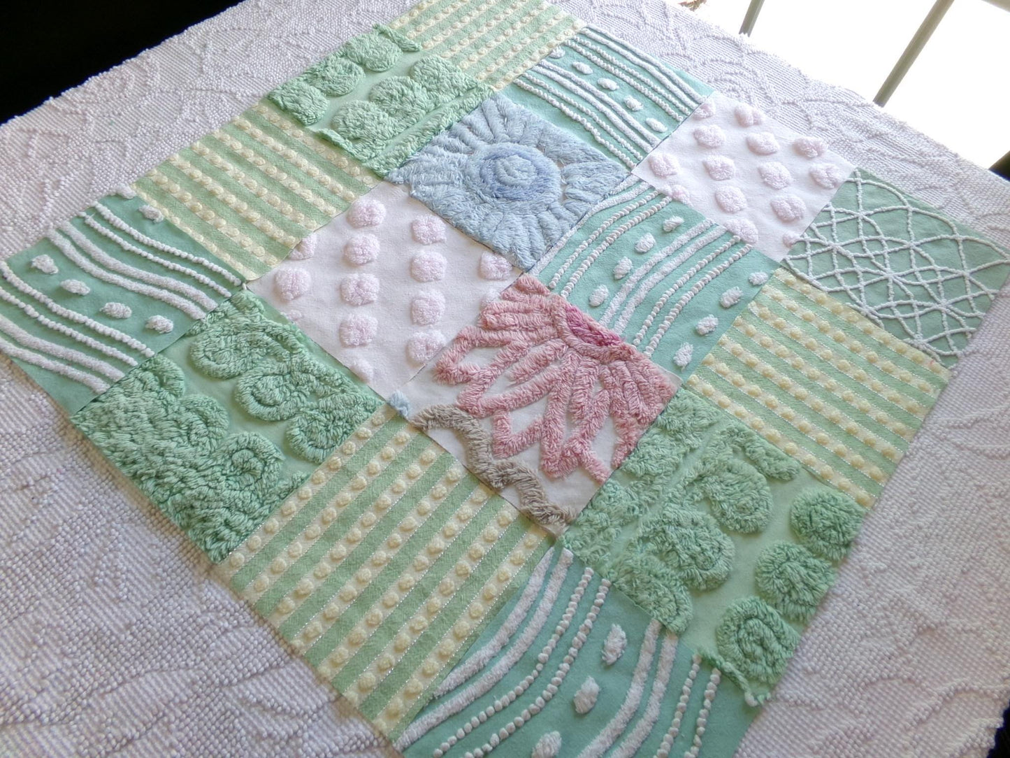 vintage 6" chenille fabric squares, garden path greens, set of 16 lovely craft blocks rotary cut from vintage chenille bedspreads