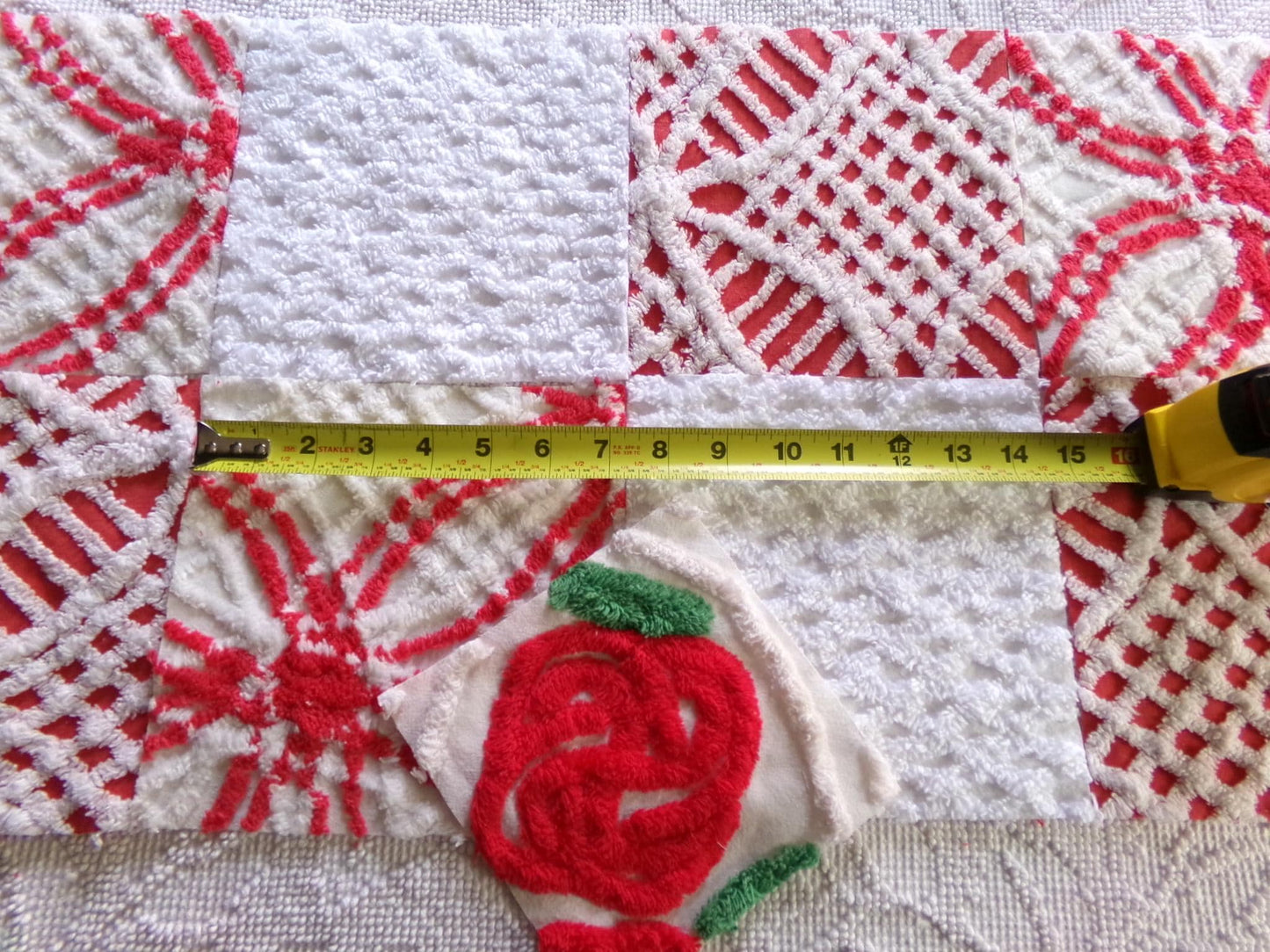 vintage chenille fabric squares, set of 8 red & white 7.5" vintage quilt blocks for sewing, Christmas crafts, quilting