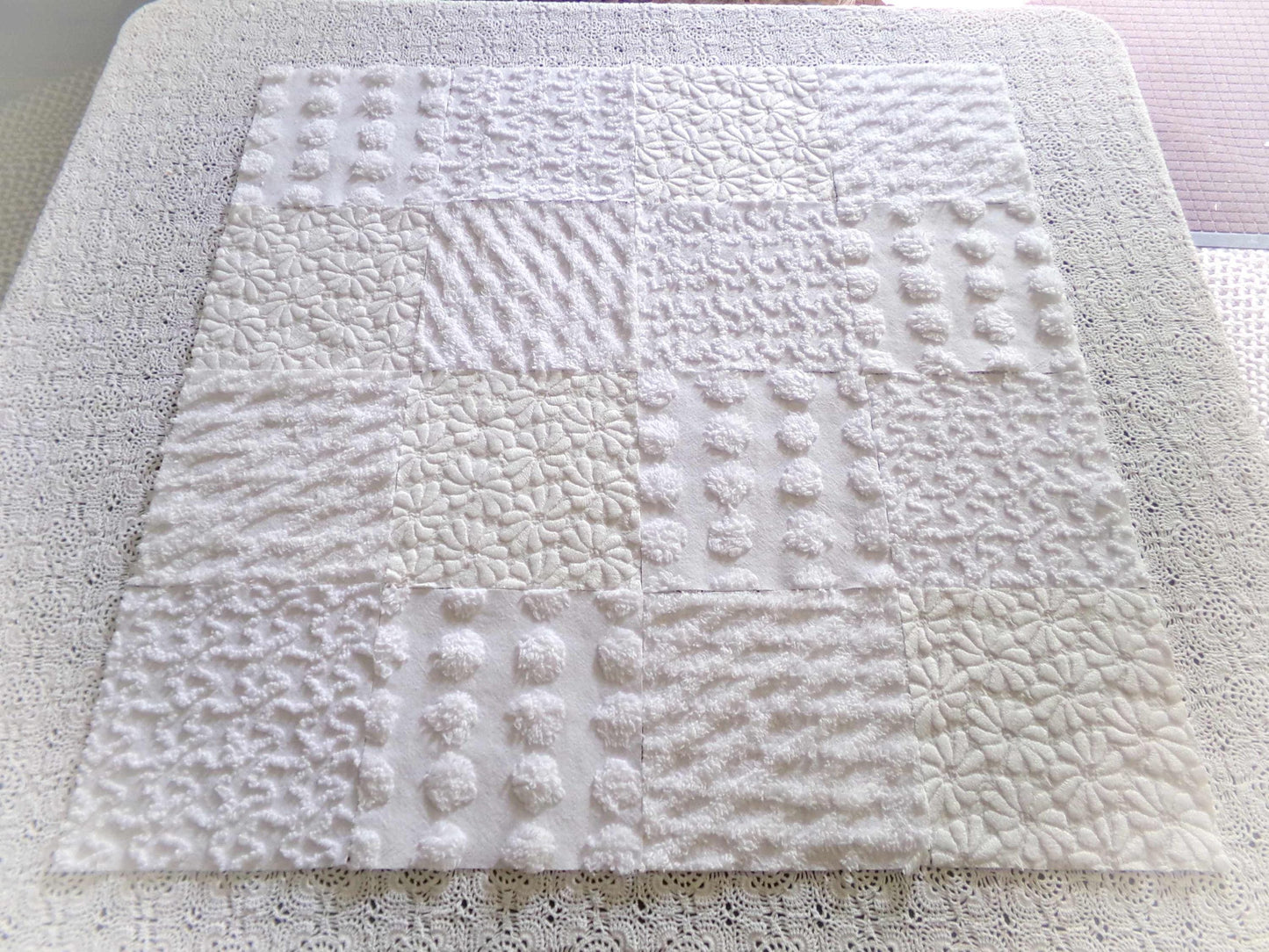 Daisies in Snow Chenille Fabric Squares, Set of 16 Quilt Blocks, 6" each in Shades of White, Great Neutral Textures