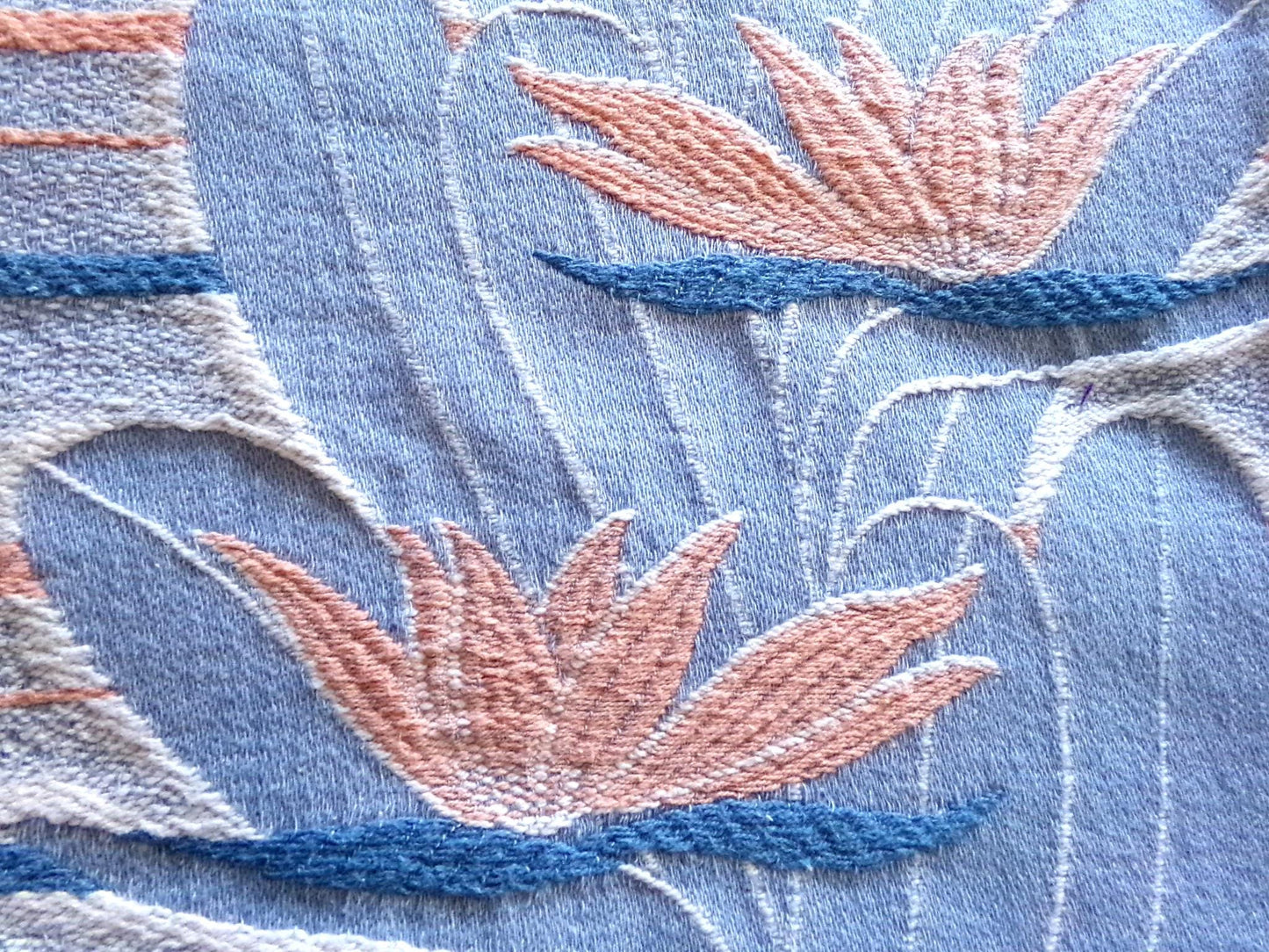 tranquil water lily vintage woven fabric piece, 21" x 32" inch reversible sewing material, calming blue & coral lilies