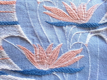 tranquil water lily vintage woven fabric piece, 21" x 32" inch reversible sewing material, calming blue & coral lilies