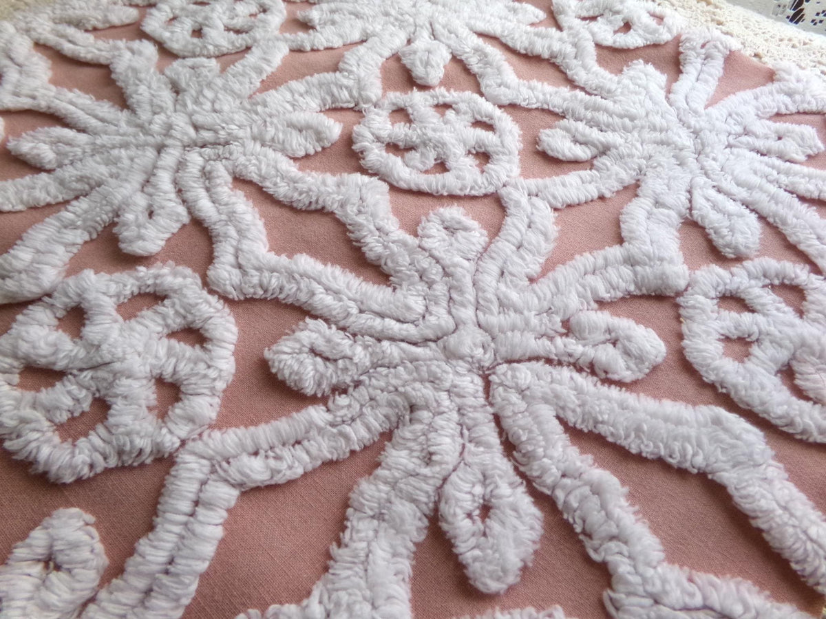 Plush Snowflake Pinwheel Vintage Chenille Fabric, 15x28" Sewing Quilt Textile